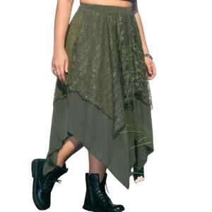 Goth Grunge Fairy Cottagecore Green Contrast Lace Asymmetrical Hem Skirt